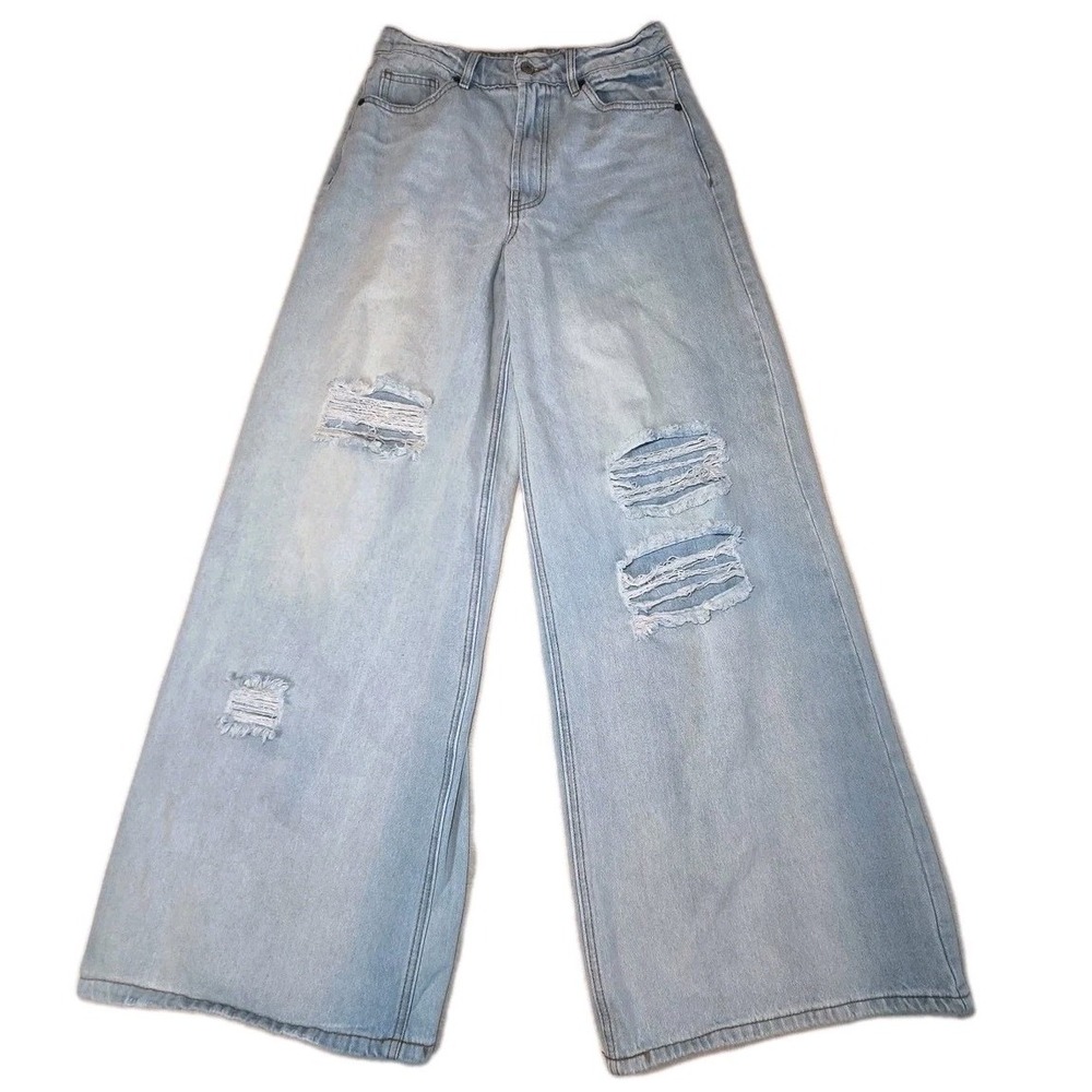 ALMOST FAMOUS Wide-Leg Distressed Jeans Womens Juniors 5 Light Wash Denim
